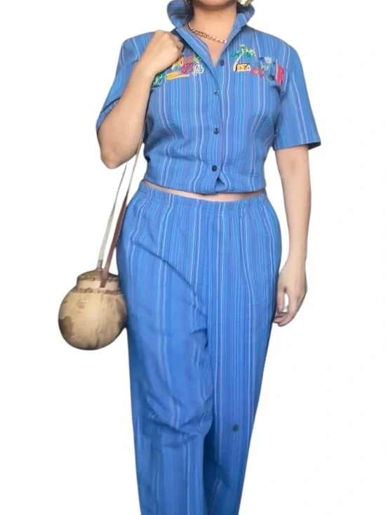 Blue Striped Embroidered Two-Piece Set - Picture 3 of 7